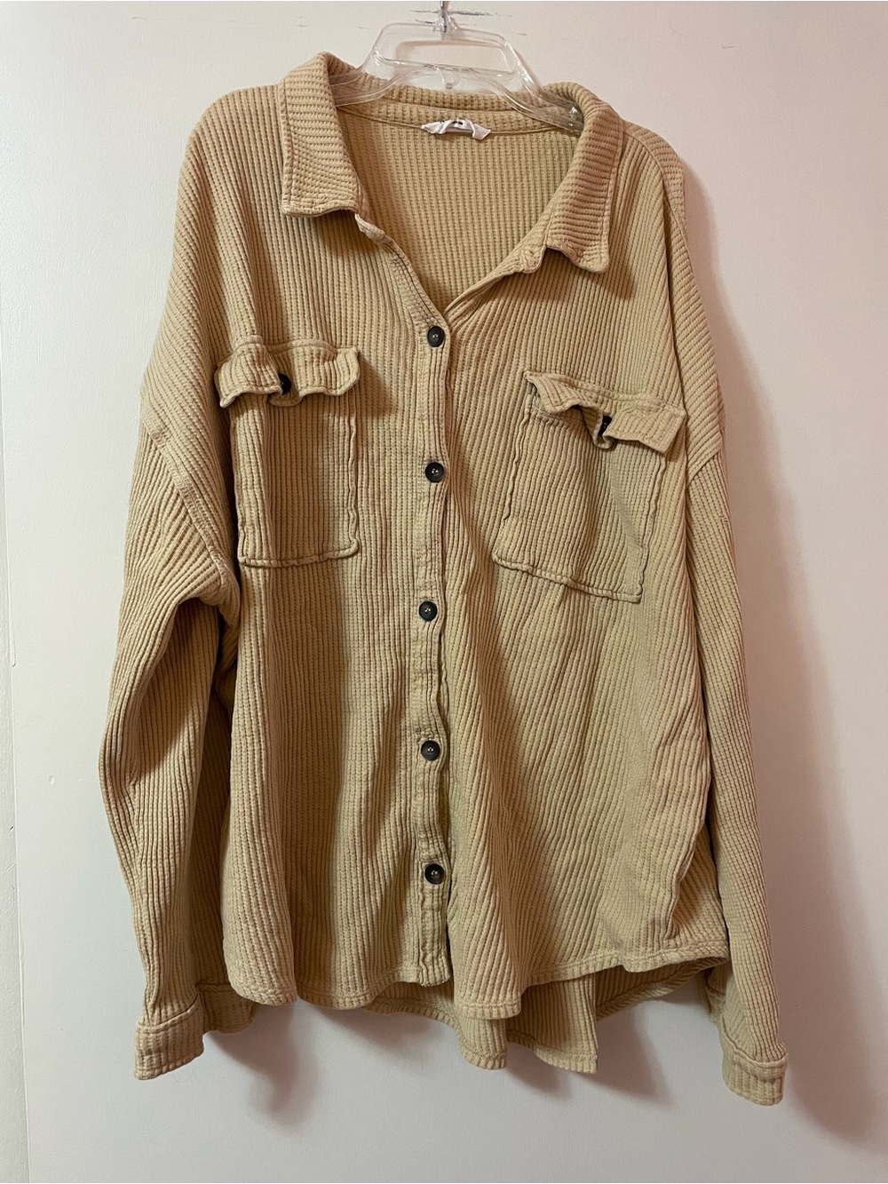 Double Zero tan waffle knit button up shirt